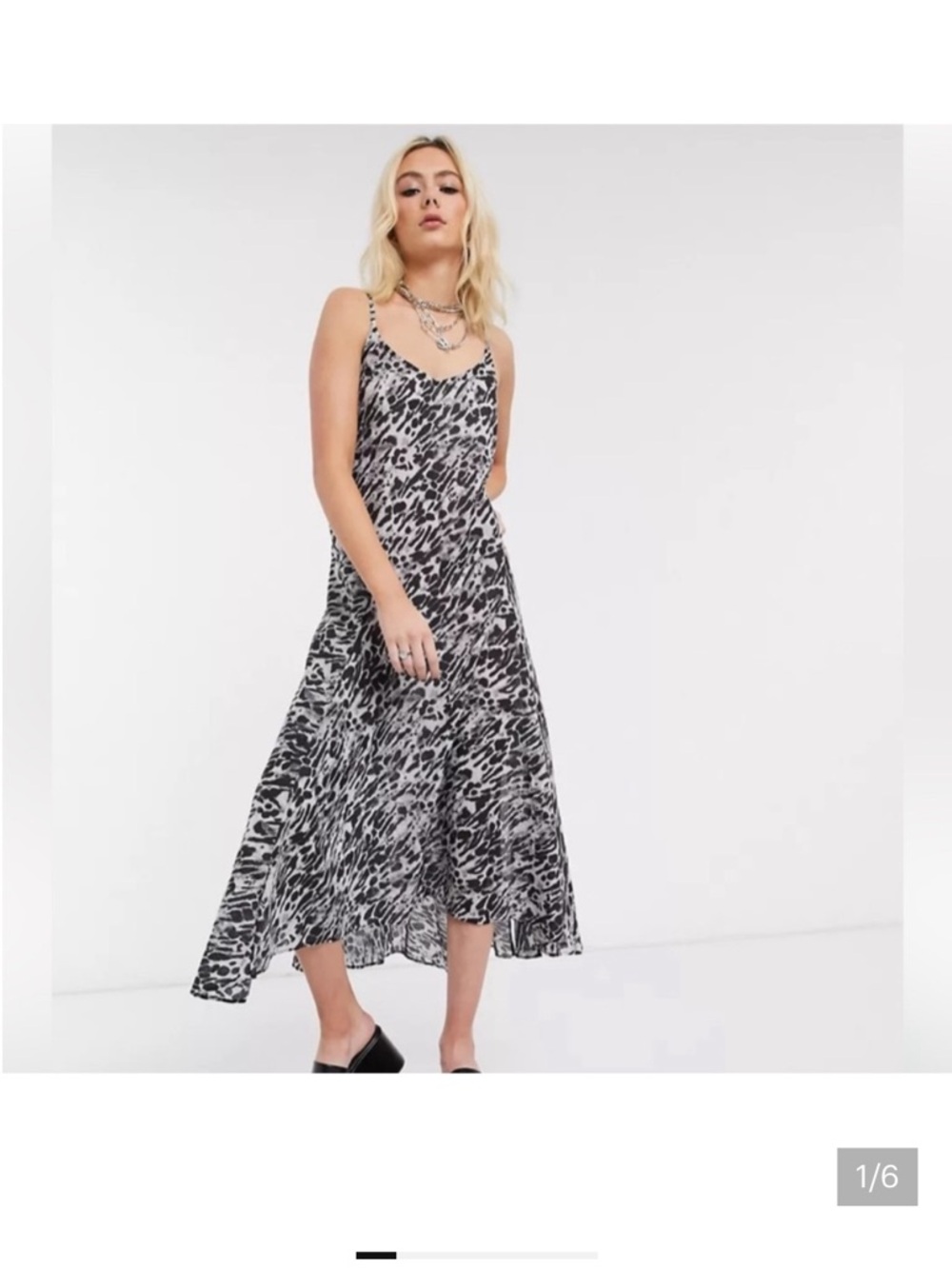 AllSaints Black and White Animal Print Midi Slip Dress
